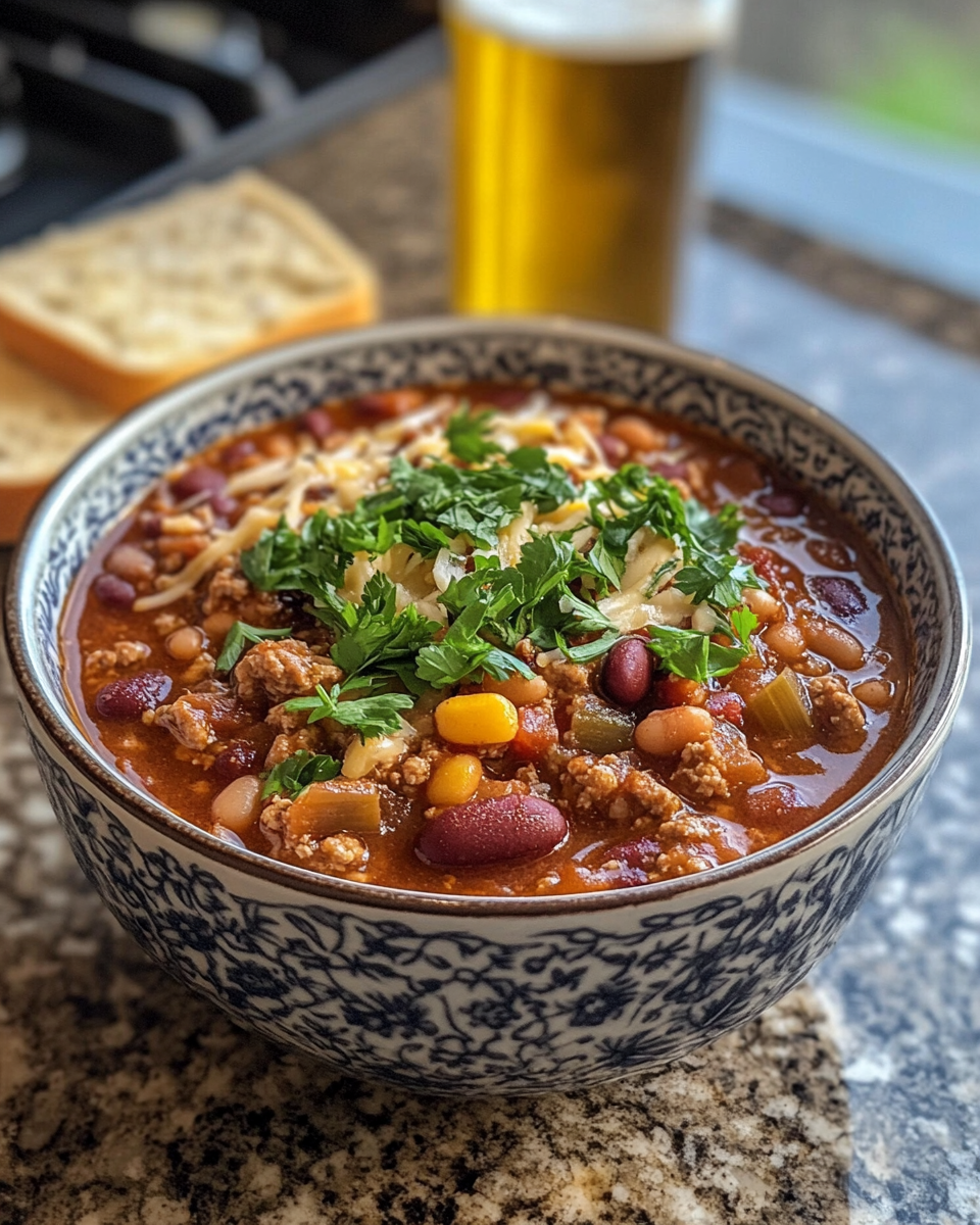 Pressure cooker releasing steam and thick turkey chili cooking inside