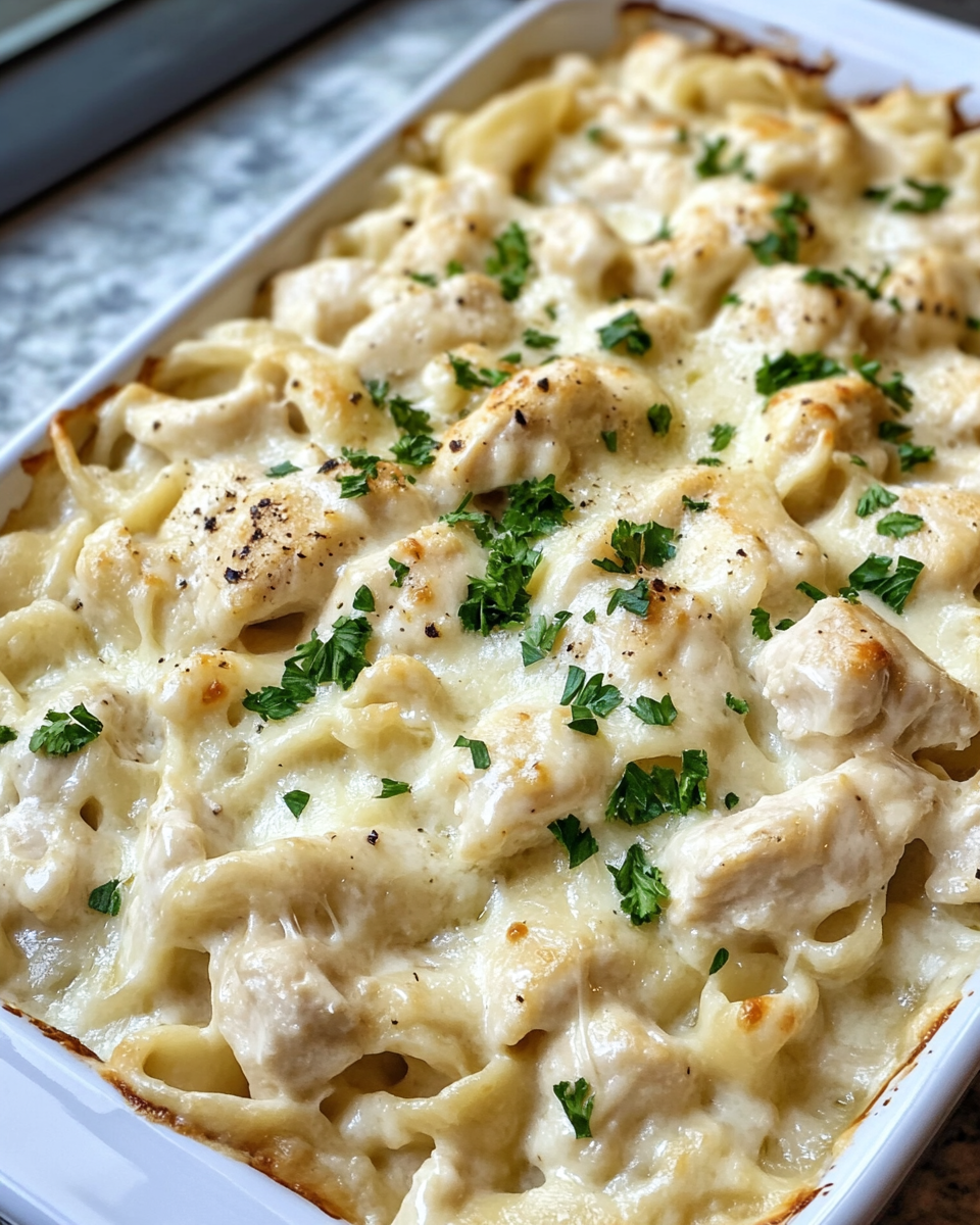 Mixing bowl filled with chicken, pasta, broccoli, and melted cream cheese before baking