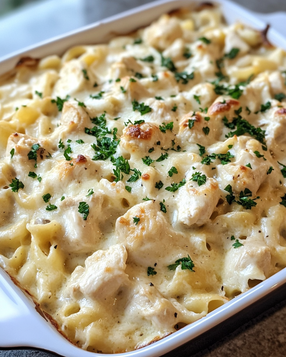 Baked chicken Alfredo casserole topped with fresh herbs and golden cheese crust