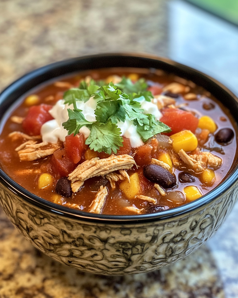 Served bowl of chicken chili topped with cheese and avocado