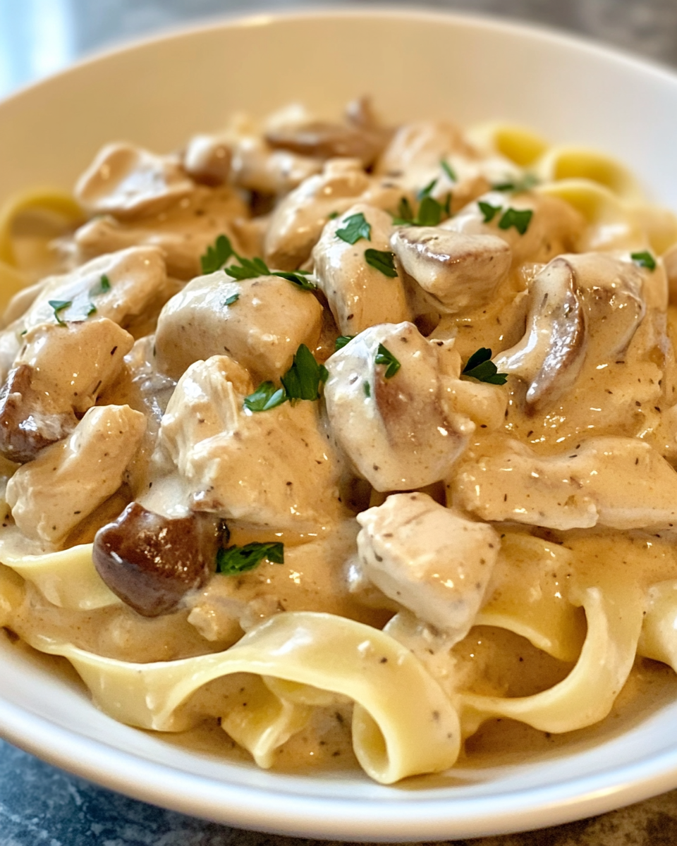 Creamy chicken stroganoff served hot, garnished with fresh parsley