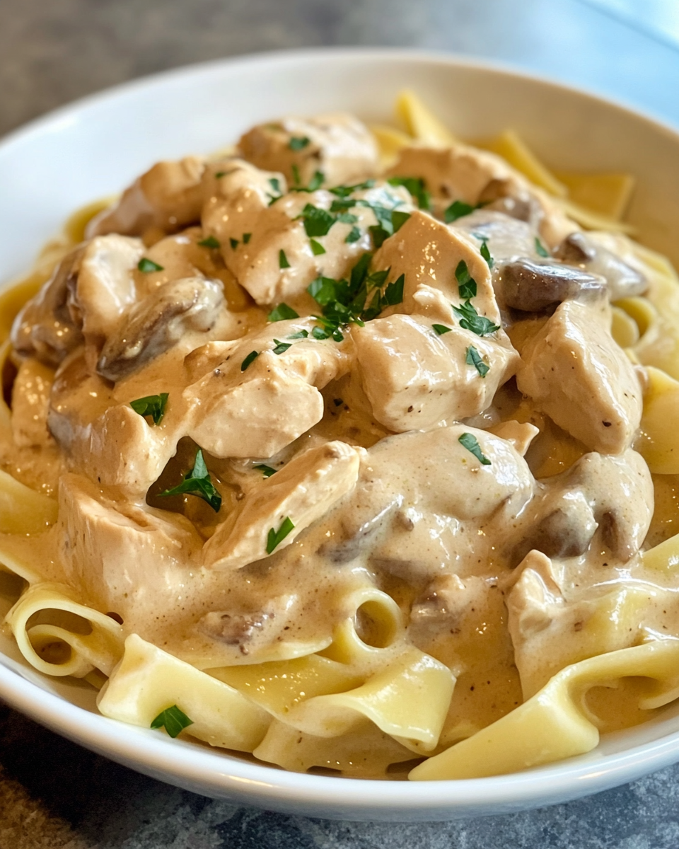Creamy chicken stroganoff steaming in pressure cooker, aromatic garlic and mushrooms