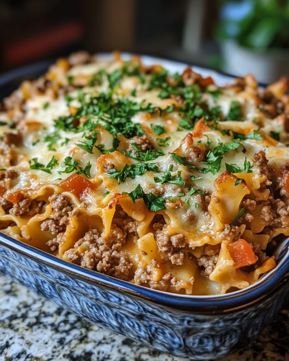 Close up of creamy cheesy ground beef noodle casserole mixture