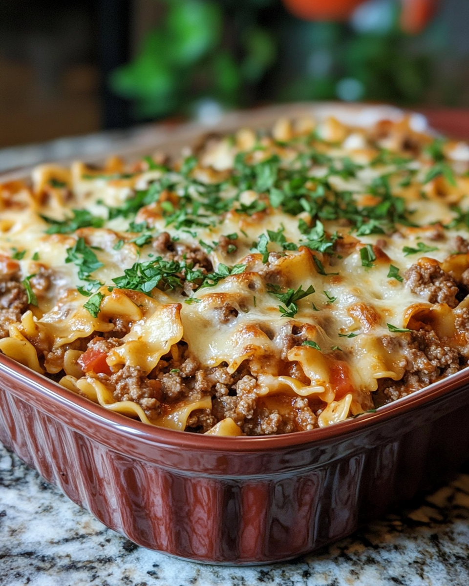 Served portion of cheesy ground beef noodle casserole on plate