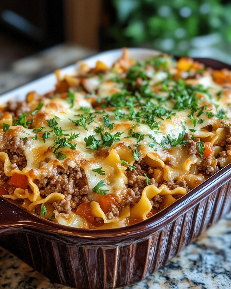 Easy ground beef noodle casserole fresh from oven with golden cheese crust