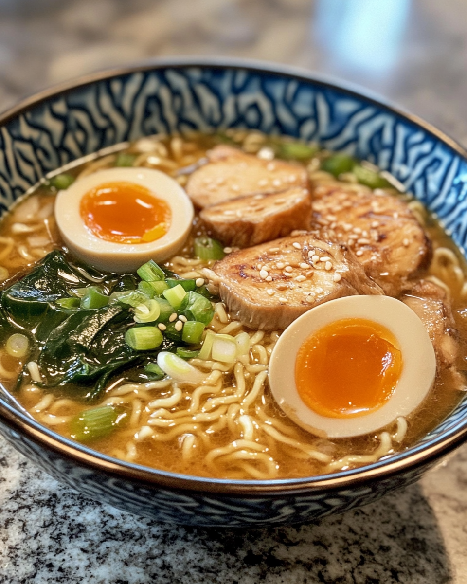 Bowl of finished homemade ramen noodle soup garnished and ready to serve
