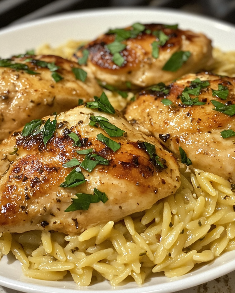 Ingredients laid out for Mediterranean chicken and orzo recipe