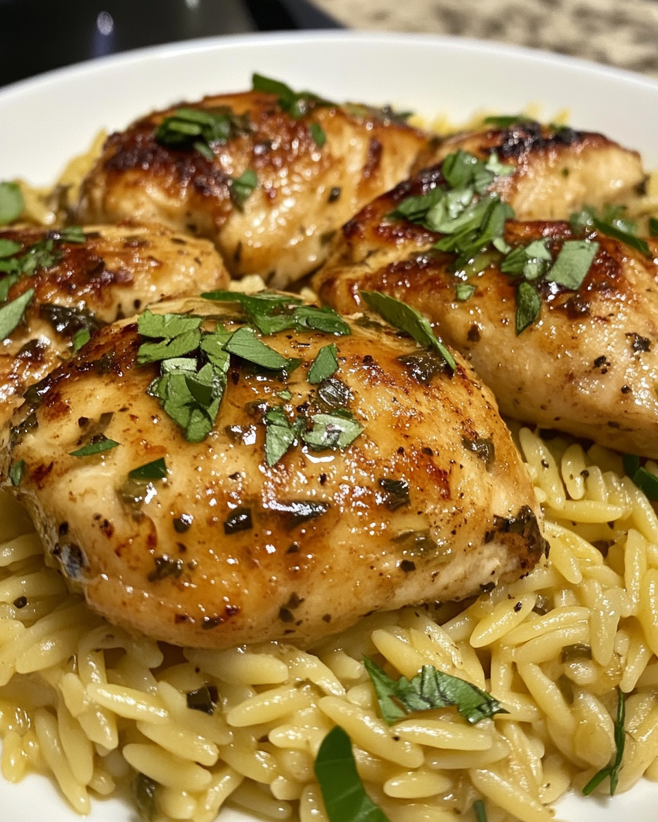 Final Mediterranean chicken and orzo dish garnished with feta and herbs in skillet