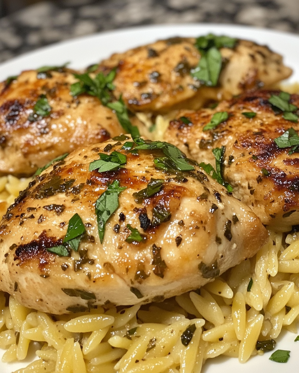 Easy Mediterranean Chicken and Orzo Skillet freshly cooked in pressure cooker