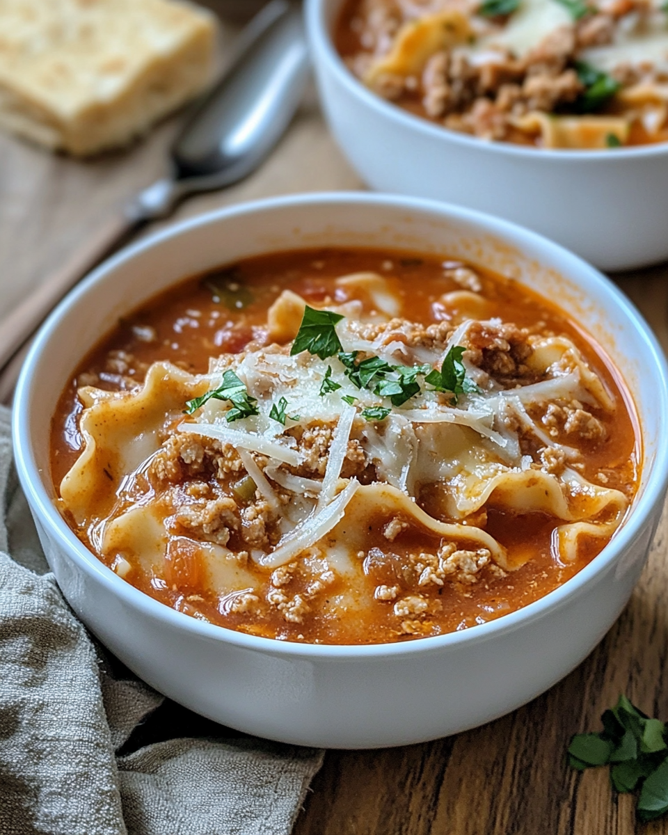 Ingredients for lasagna soup including spices, pasta, and cheese