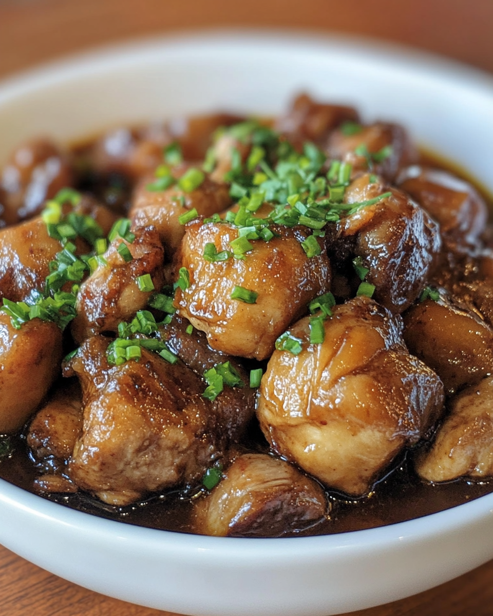 Filipino Chicken Adobo simmering with garlic and bay leaves