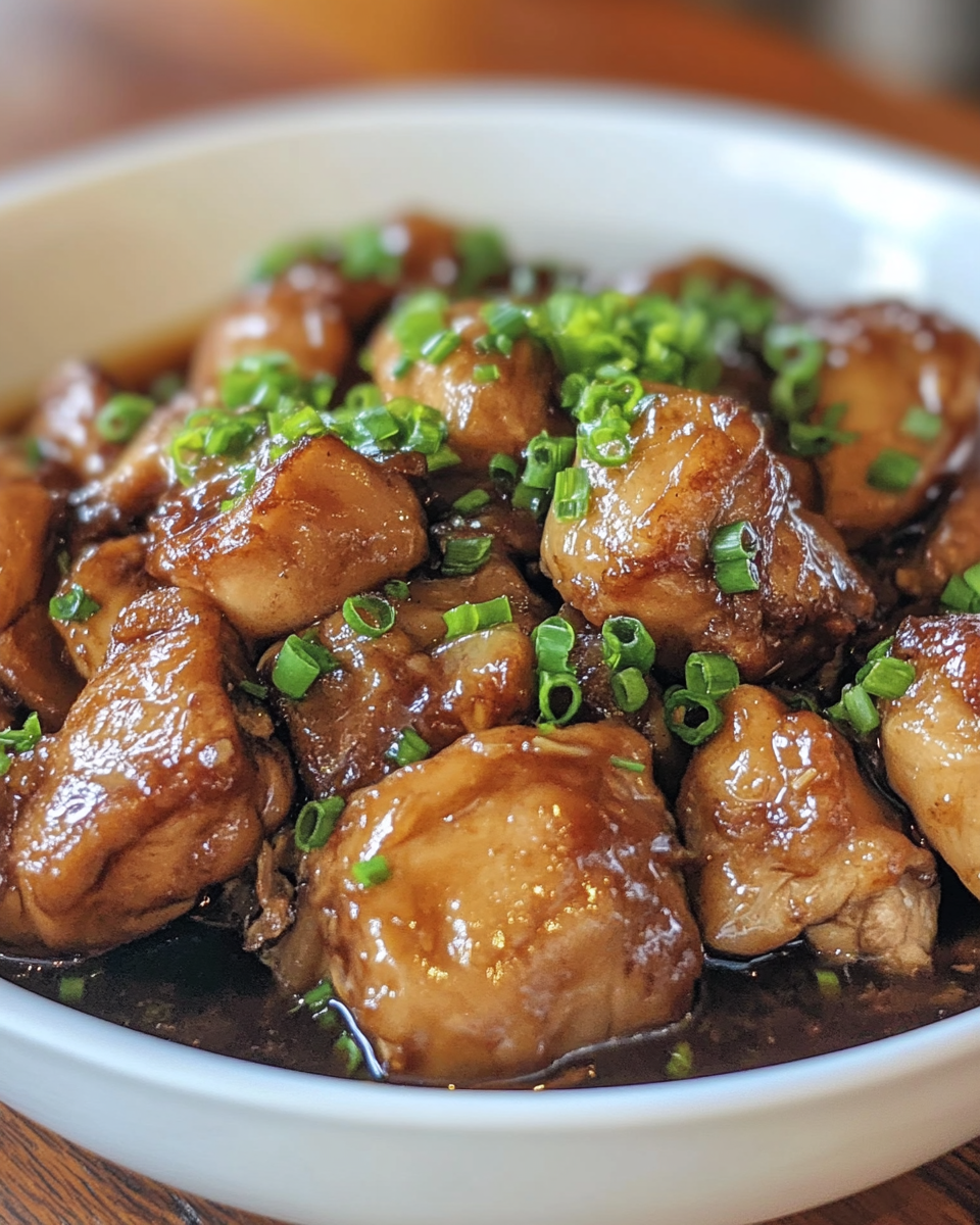 A simmering pot of Filipino Chicken Adobo with rich tangy sauce