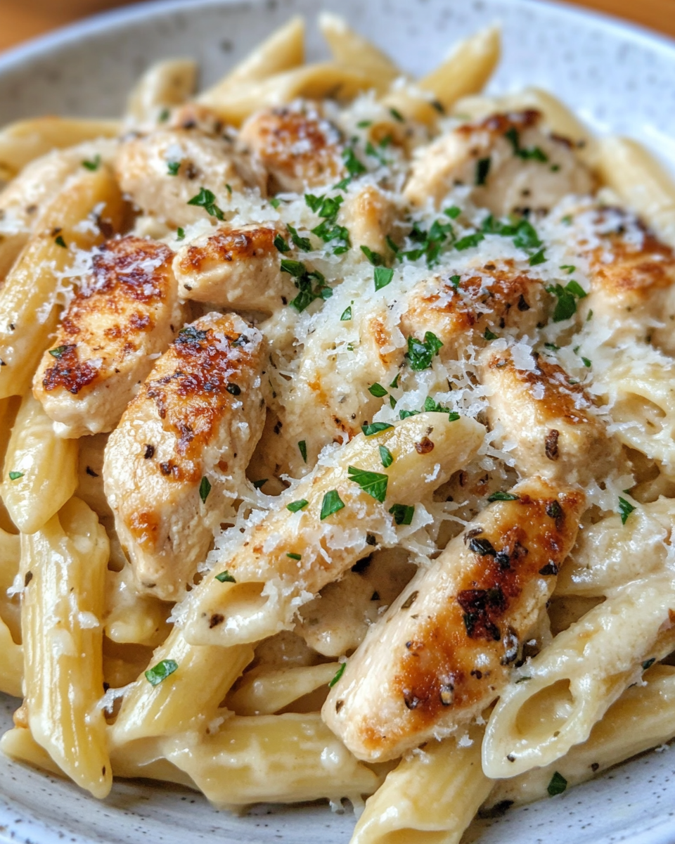 Ingredients for garlic parmesan chicken pasta on a kitchen counter