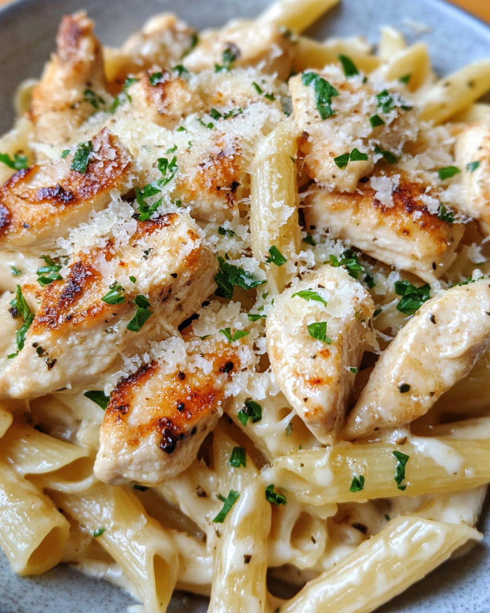 Creamy garlic parmesan chicken pasta served on a plate with garnish