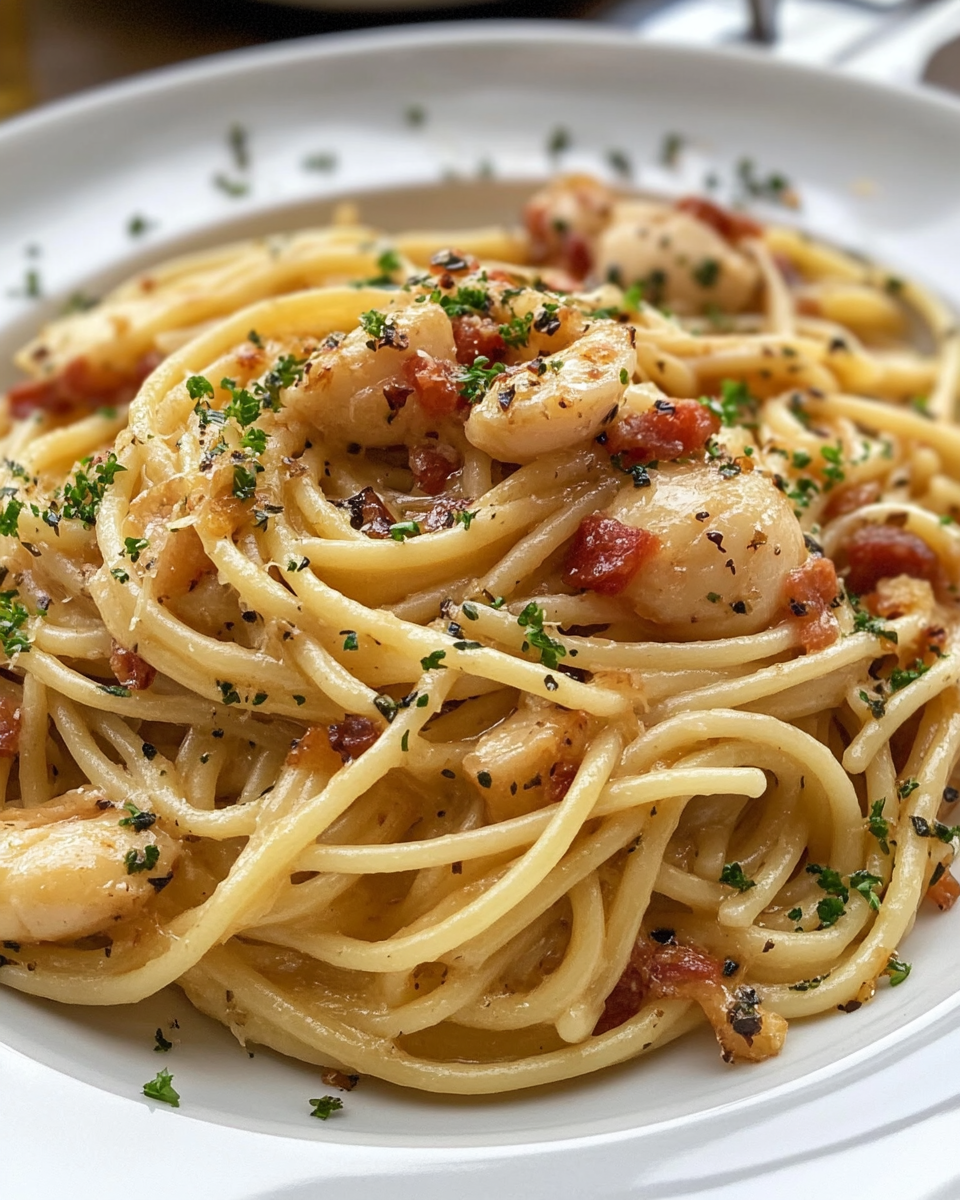 Close up of creamy garlic pasta with parsley garnish served in white bowl