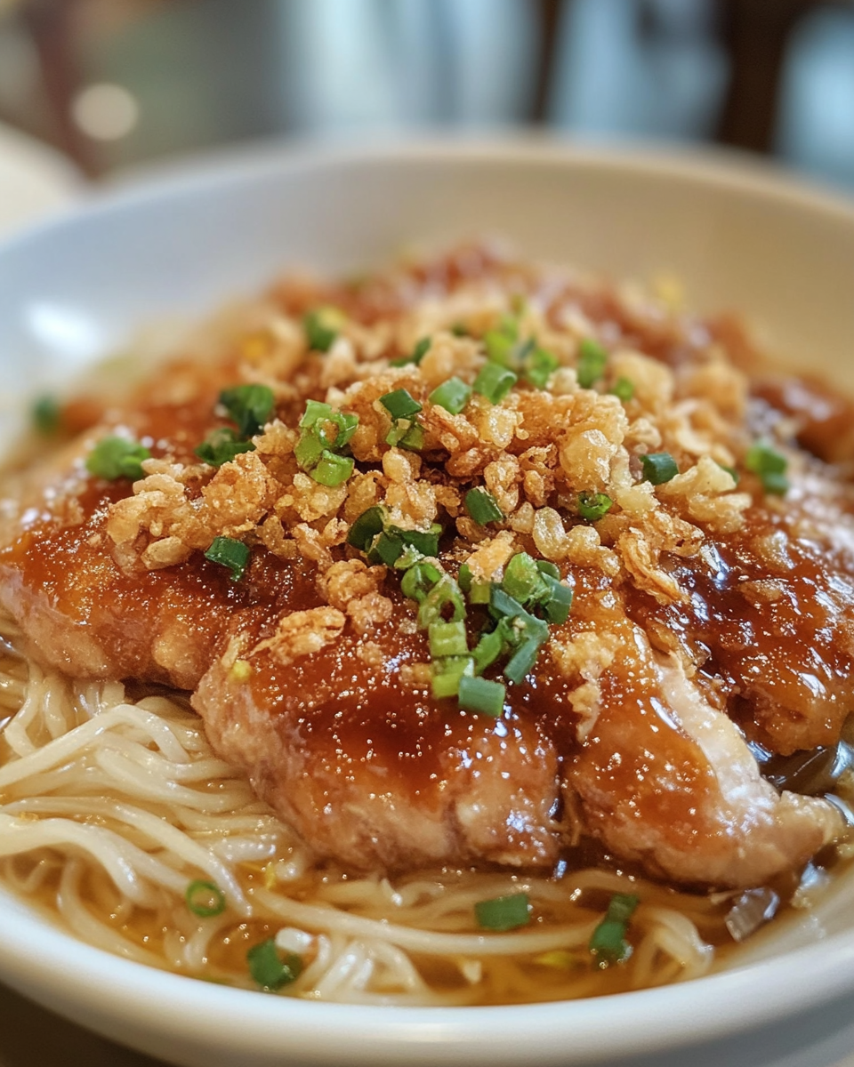 Crispy shallot cooking and ingredients for golden chicken with rice noodles