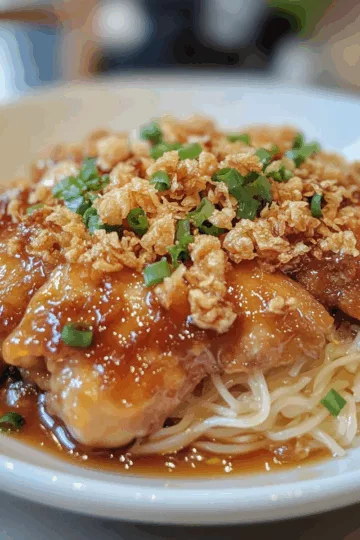 Golden Chicken with Rice Noodles & Crispy Shallots taken with iphone 15 pro max --iw 2 --ar 4:5 --v 6.1 --raw