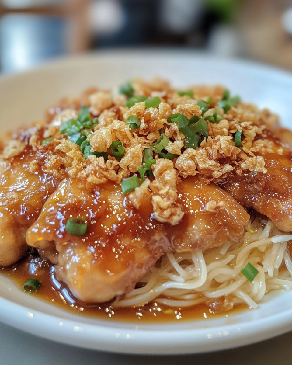 Golden cooked ground chicken with rice noodles and crispy shallots fresh from pressure cooker