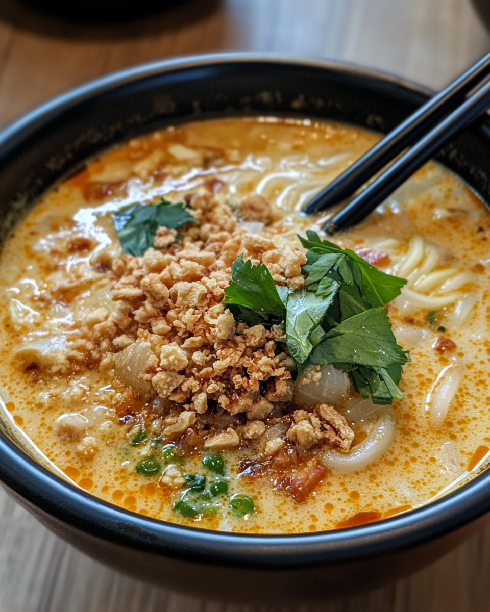 Golden coconut noodle soup steaming from pressure cooker valve
