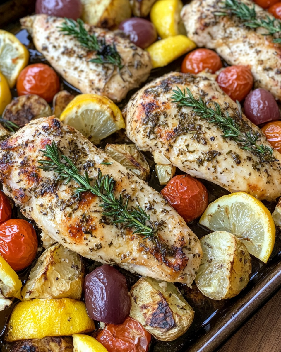 Ingredients for Greek Sheet-Pan Chicken arranged on kitchen counter