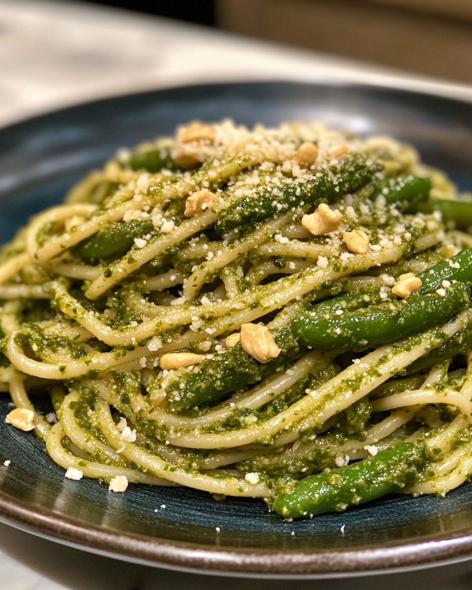 Ingredients for green bean pasta with cashew pesto laid out on a kitchen counter