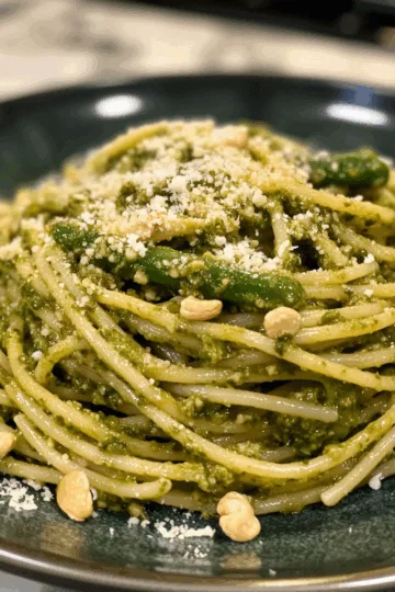 Green Bean Pasta with Cashew Pesto taken with iphone 15 pro max --iw 2 --ar 4:5 --v 6.1 --raw