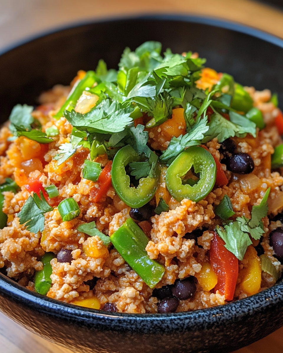 Plated ground turkey enchilada stir-fry with couscous topped with fresh cilantro