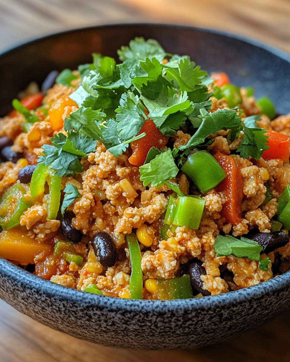 Pressure cooker with ground turkey enchilada stir-fry cooking in sauce