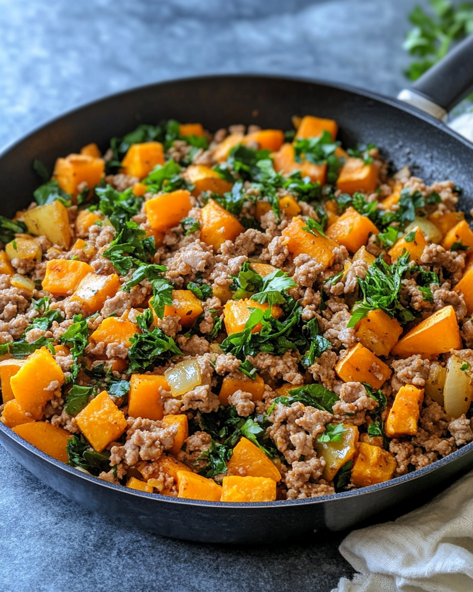 Ingredients for ground turkey sweet potato skillet including spices and veggies