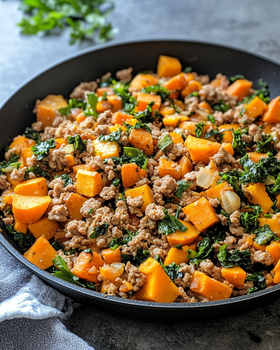 Final serving of ground turkey sweet potato skillet topped with cheese and herbs