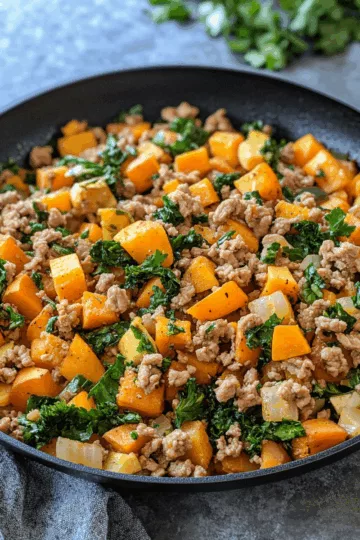 Ground Turkey Sweet Potato Skillet (Delicious One-Pan Dinner Recipe) taken with iphone 15 pro max --iw 2 --ar 4:5 --v 6.1 --raw