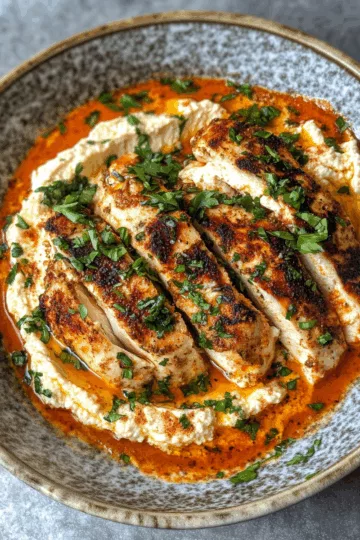 Harissa Chicken with Whipped Feta Hummus Sauce taken with iphone 15 pro max --iw 2 --ar 4:5 --v 6.1 --raw