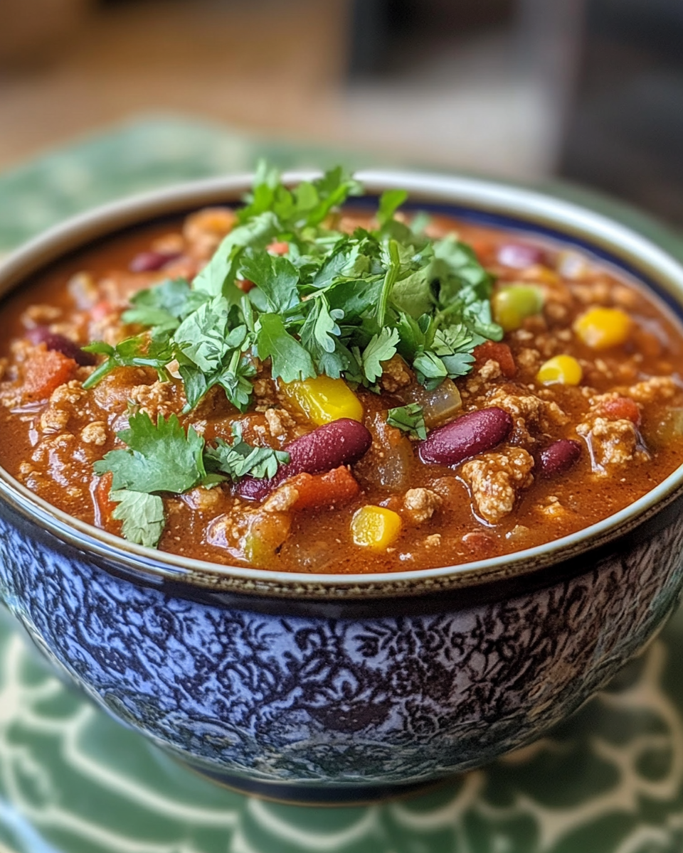 Steam rising from healthy turkey chili in pressure cooker