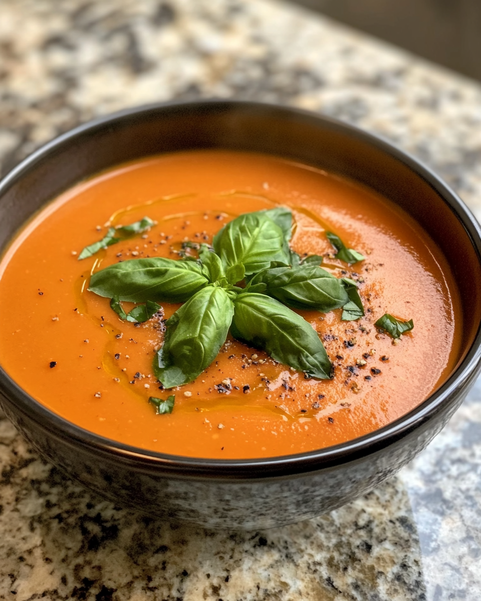 Serving of creamy heirloom tomato soup garnished with fresh basil leaves