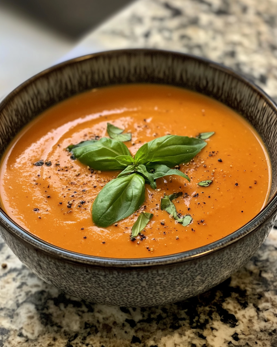 Close up of rich roasted heirloom tomato soup with fresh basil