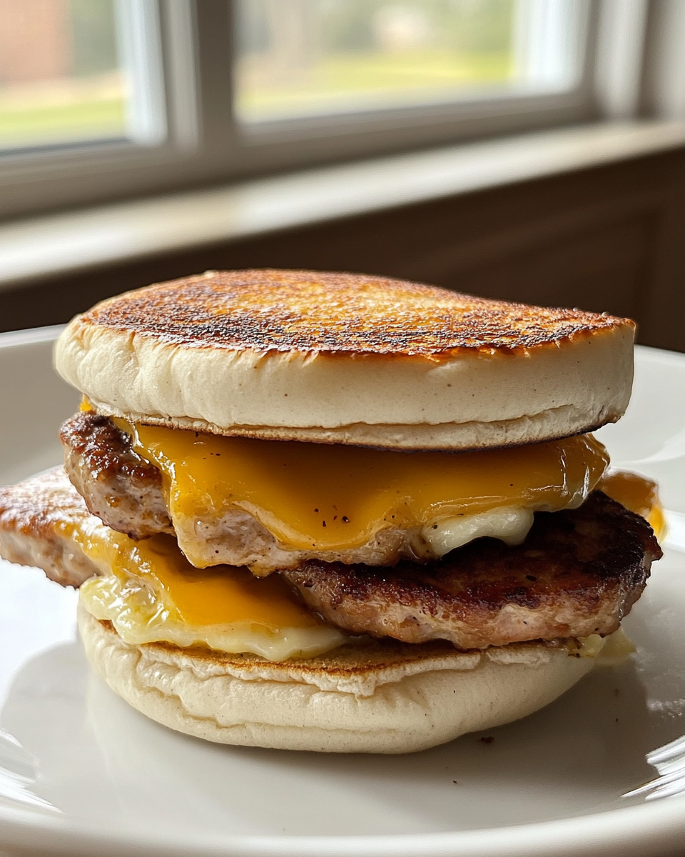 Pressed chicken sausage patties cooking in a skillet for breakfast sandwiches