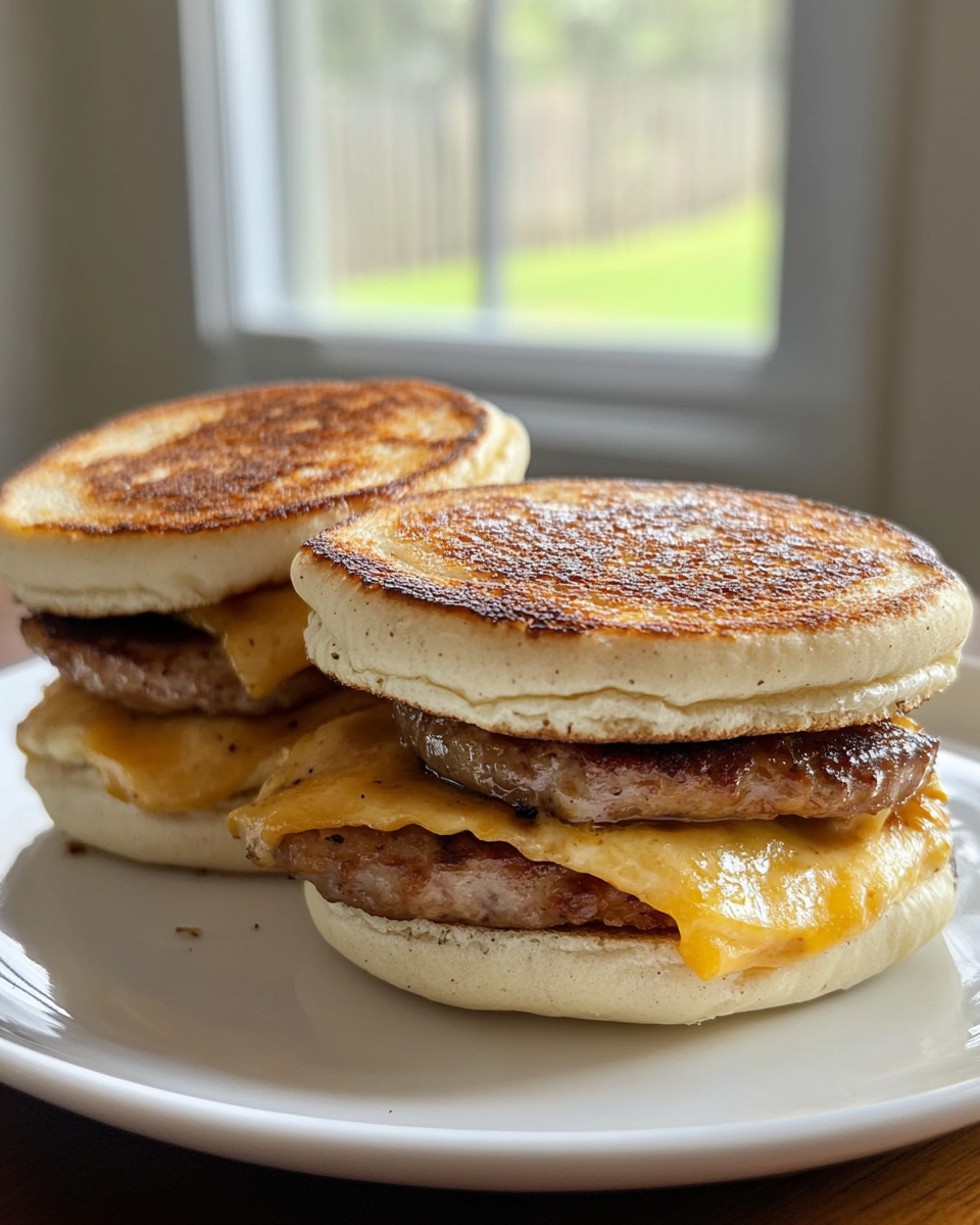 Close-up of finished high protein maple chicken sausage breakfast sandwich