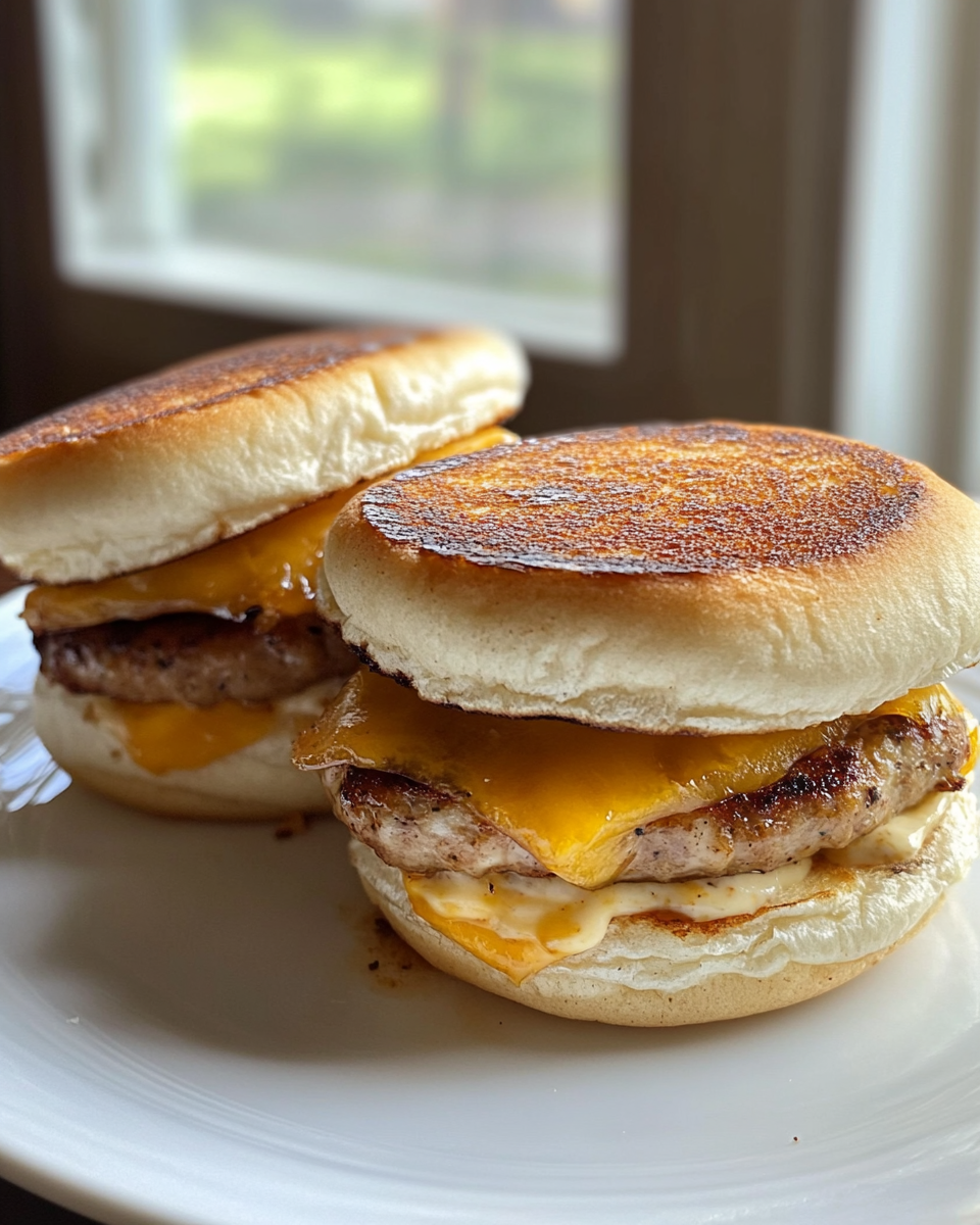 Steam rising from high protein maple chicken sausage breakfast sandwiches