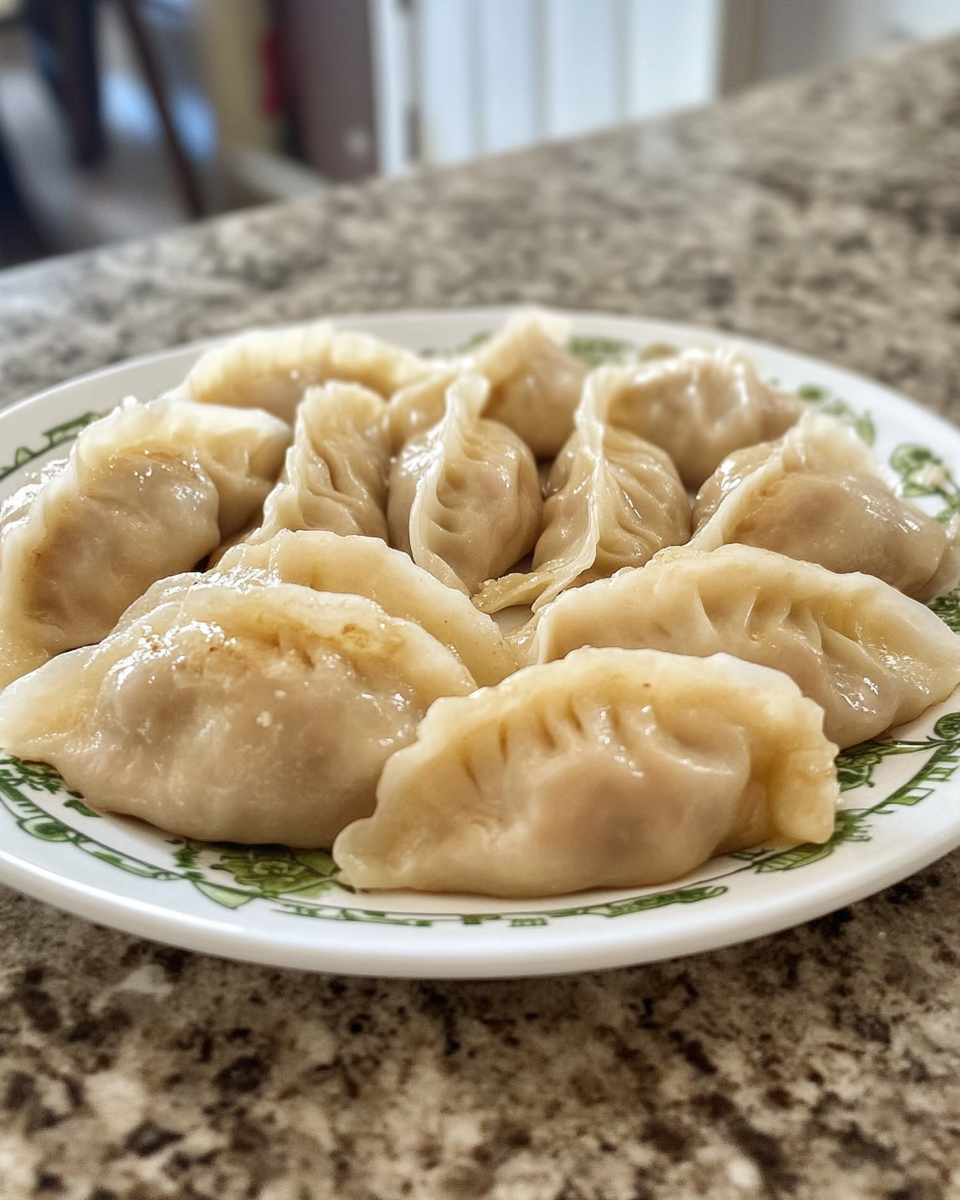 Fresh homemade Chinese dumplings with sausage filling in pan