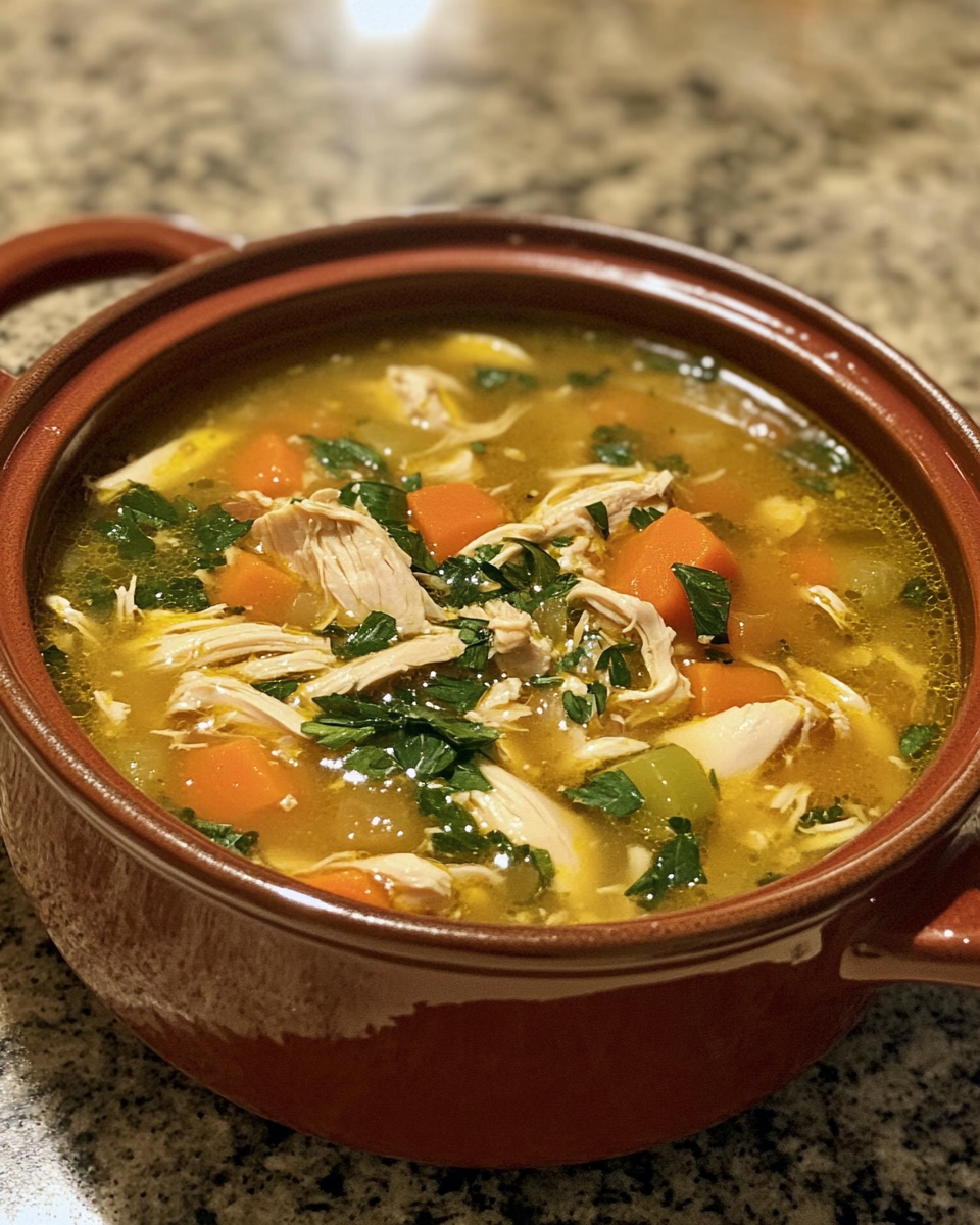 Bowl of shredded chicken soup garnished with fresh herbs ready to enjoy