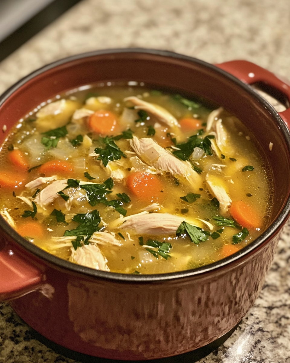 Cozy kitchen with homemade nourishing chicken soup steaming in pressure cooker