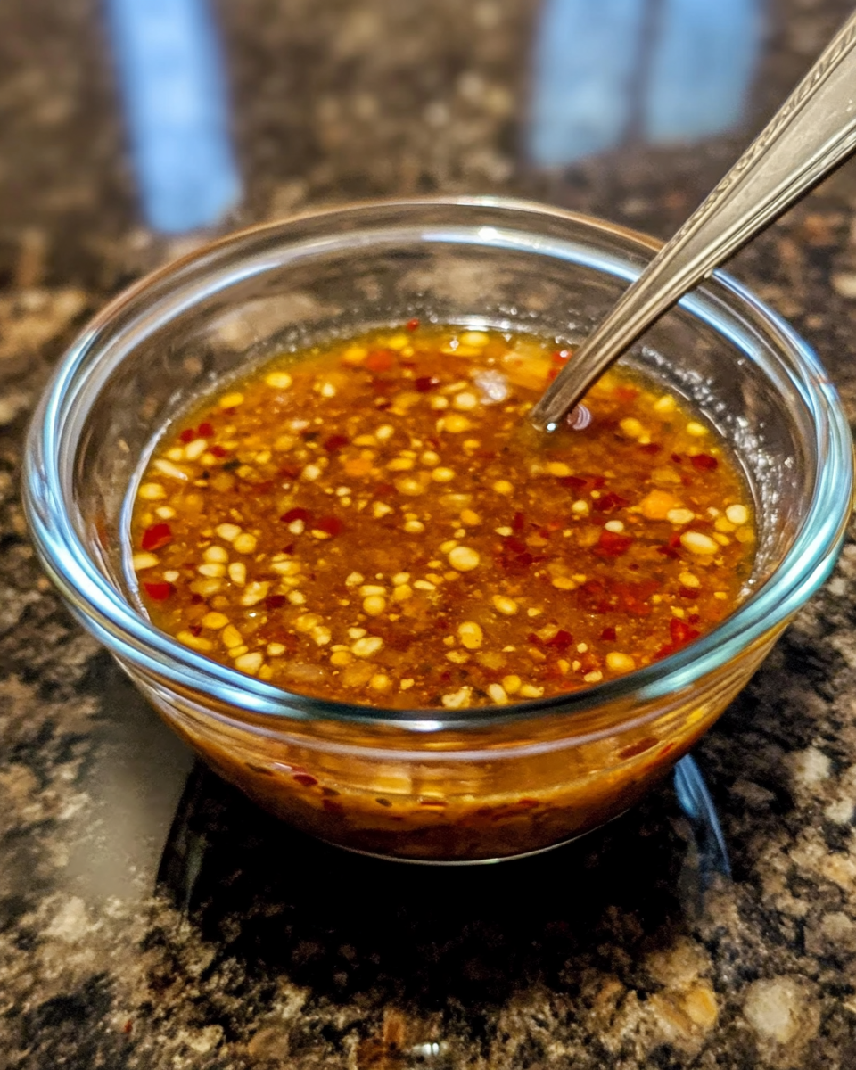 Ingredients for sweet chili sauce combined and simmering in a saucepan