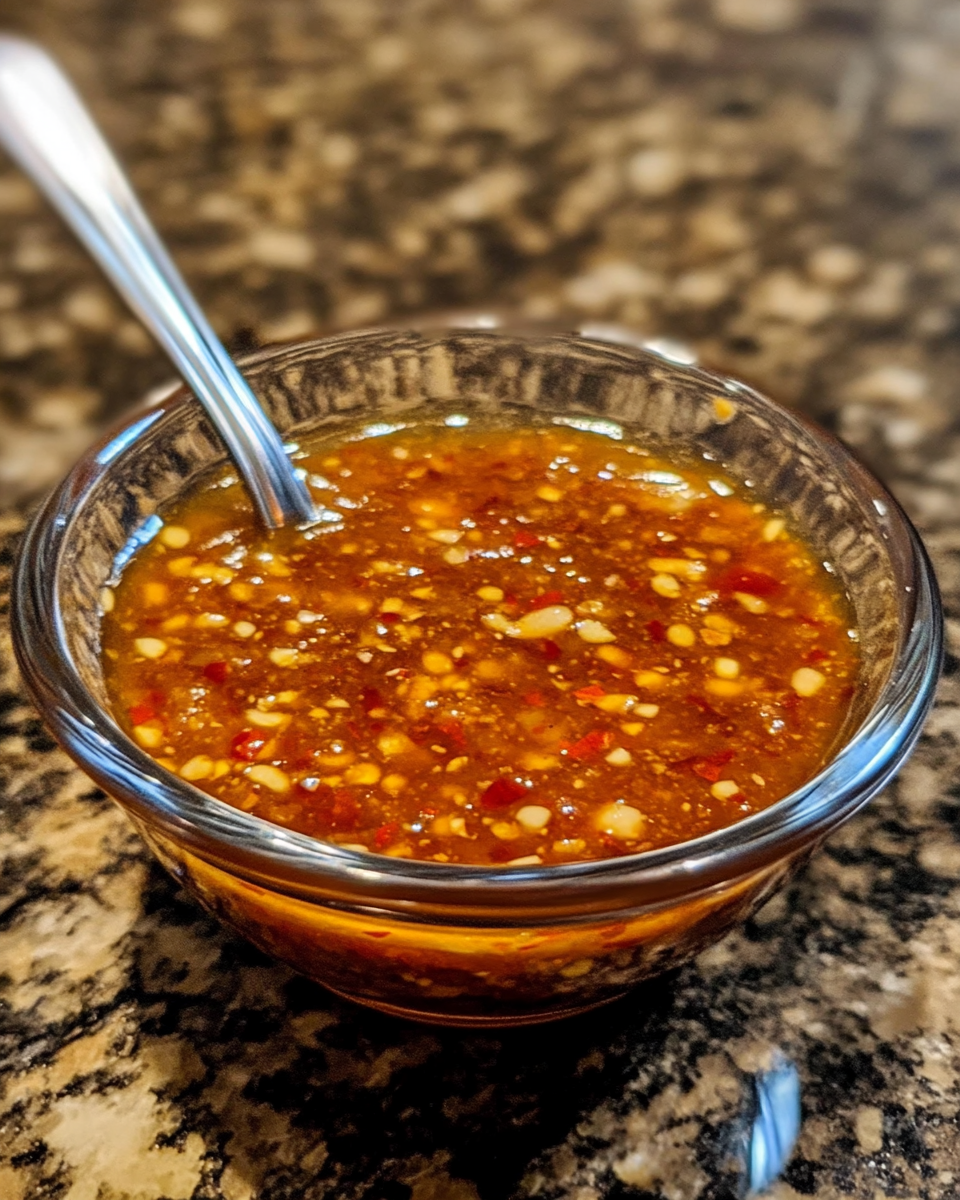 Homemade Thai sweet chili dipping sauce in a jar with fresh ingredients