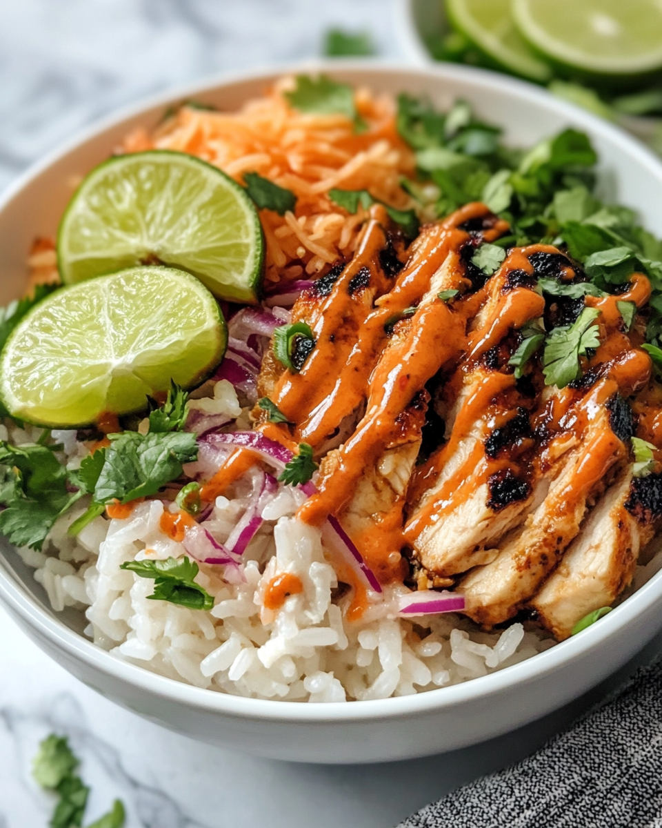 Served honey sriracha chicken rice bowls with creamy lime sauce and garnish