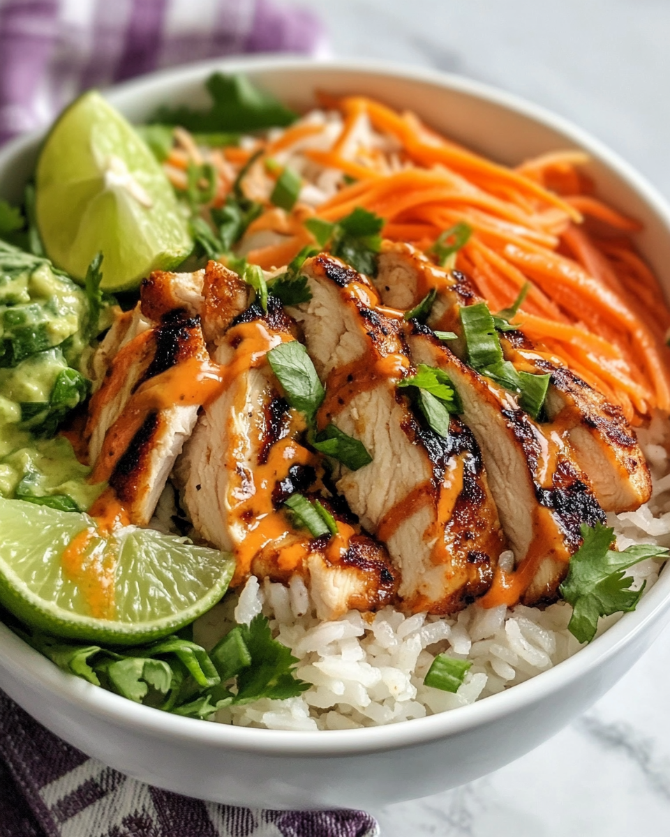Honey Sriracha chicken rice bowls steaming with creamy lime sauce
