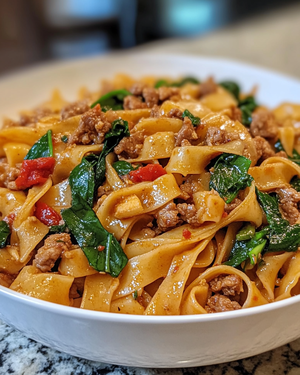 Ingredients for Italian drunken noodles including sausages, peppers, noodles, and wine