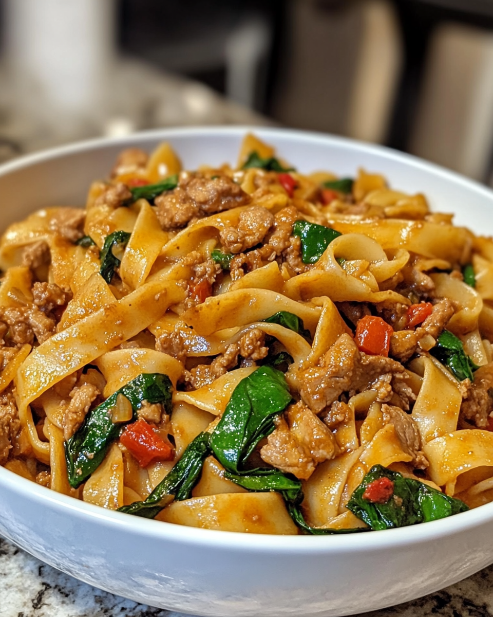 Plate of Italian drunken noodles garnished with fresh basil and Parmesan cheese