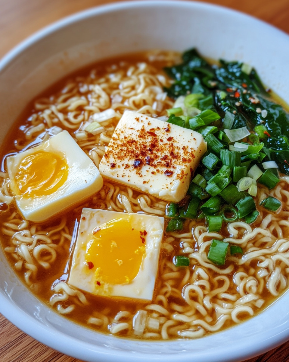 Ingredients including brown rice ramen noodles, butter, garlic, ginger, zucchini, soy sauce, basil, eggs, and sesame seeds