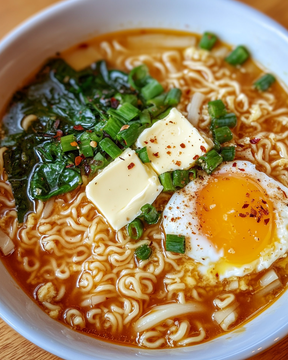 Final plated dish of instant noodles with egg, butter, garlic, and herbs