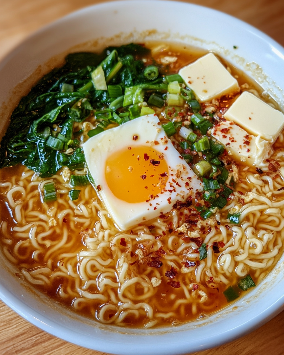 Close-up of instant noodles with egg, butter, and garlic in a bowl